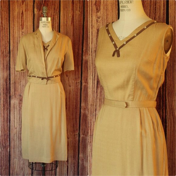 Vintage 1950s Dress With Jacket and Belt, 3 Piece Lampl Gold Linen Sundress - Picture 2 of 10